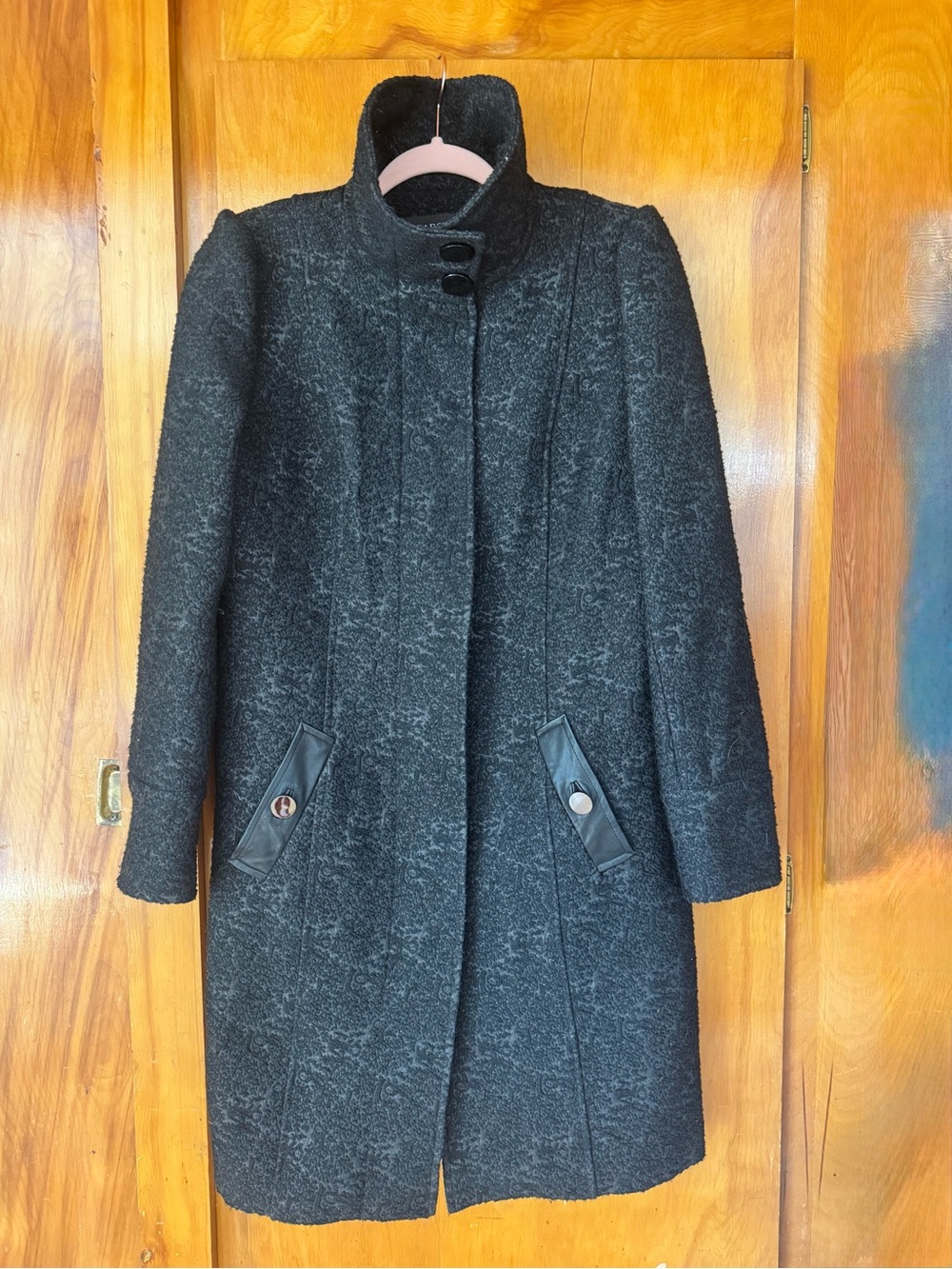 Badgley Mischka Black Textured Stand Collar Pea Coat